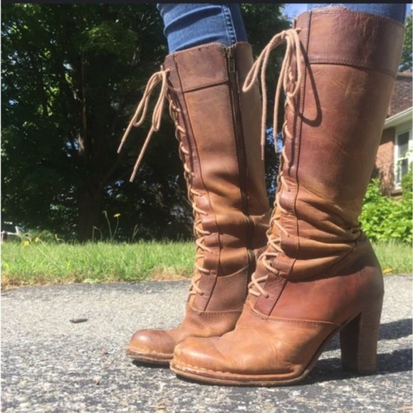 Vintage Frye Villager Brown Leather Knee High Tall Heeled Zip Up Lace Up Boots - Picture 4 of 15